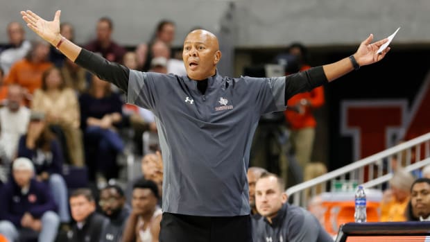 Nov 18, 2022; Auburn, Alabama, USA; Texas Southern Tigers head coach Johnny Jones reacts to a call during the first half against the Auburn Tigers at Neville Arena. Mandatory Credit: John Reed-USA TODAY Sports